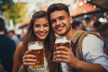 A close-up of happy couple holding mugs of beer and celebrating Oktoberfest