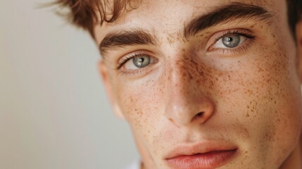 Wall Mural - A young man with freckles looks directly at the camera. He has short brown hair and blue eyes.