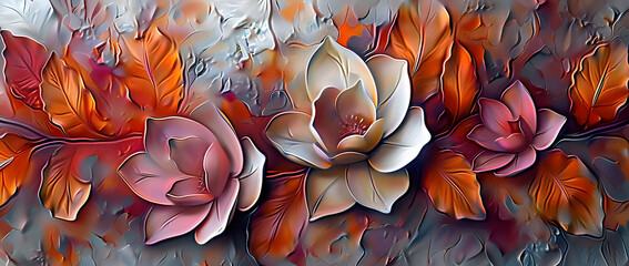 Wall Mural - abstract oil painting technique. flowers, leaves, futuristic style. cards, murals, carpets, decorati