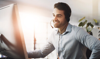 Poster - Call center, customer support and man on computer in office for talking, online help and consulting. Corporate sales, telemarketing and person with headset for contact, CRM service and communication