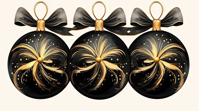 black and gold christmas baubles watercolor