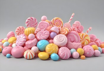 Large amount of assorted colorful candies and sweets on a side of  a monochrome background, spiral lollipops and candies, fruit shaped candies, hard, soft candies, moue, caramel, chocolates, drawing