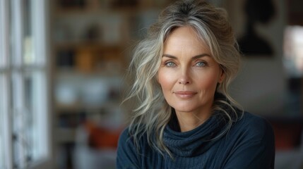 portrait of beautiful caucasian middle-aged long-haired blonde looking at camera friendly, model woman 40-50 years old portrait