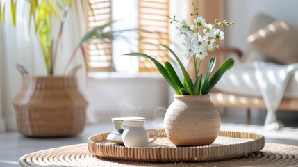 Wall Mural - Flowerpot and personal items on table in bright room