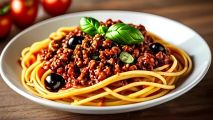 Wall Mural -  Delicious pasta dish with meat sauce and olives ready to be savored