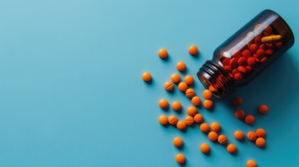 Canvas Print - Orange pills tablets and brown glass bottle on blue backdrop with room for text