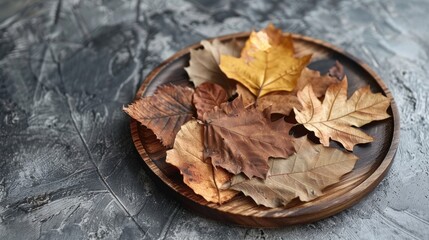 Wall Mural - Decorative dried leaves on round wooden plate for food copy space