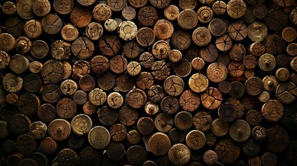 Wall Mural - Close-Up View of Various Wine Corks Displaying Unique Textures and Patterns in Warm Lighting. Generative AI