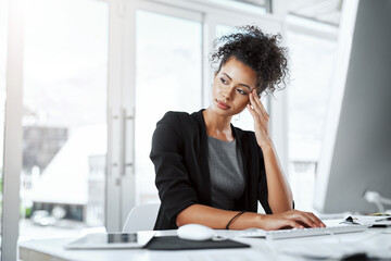 Poster - Serious, stress and woman in office, computer and thinking of research, online and journalist on desk. Company, digital and reporter with keyboard for editing of story for blog, news and writing