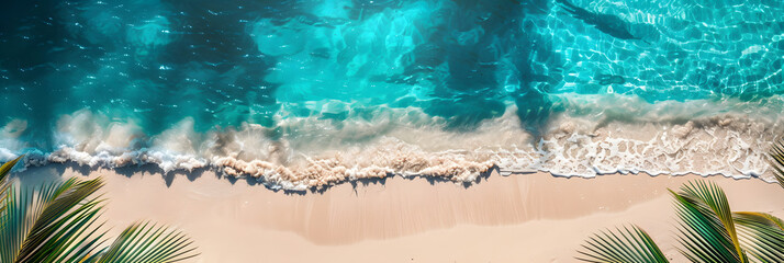 Wall Mural - abstract empty sand beach from above with palm leaf shadow over transparent turquoise water wave, sunny background concept banner with copy space for travel and summer vacation outdoors