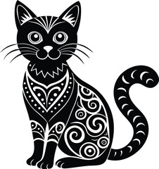  decorative cat illustration black and white. pets, shorthair, tail, red, purebred, british, posing, paw,