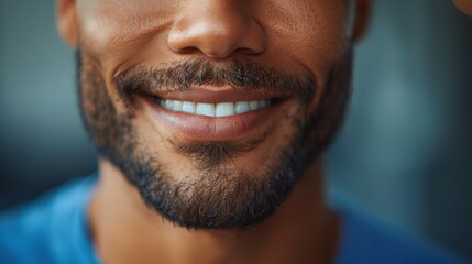 Wall Mural - Portrait close-up of a young handsome guy wearing a blue t-shirt isolated on a gray background