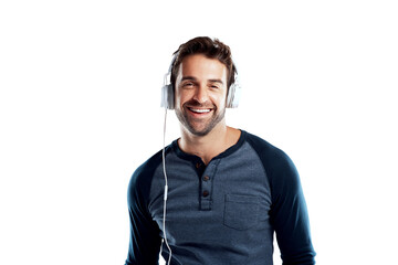 Poster - Man, happy and headphones for audio in studio on white background for playlist and streaming platform. Male person, portrait and smile with confidence for entertainment, fun and enjoy for music sound