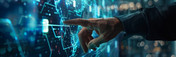 Poster - An employee of a company uses a digital tactile screen with charts