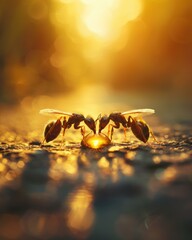 Canvas Print - Two ants drinking from a droplet of water. AI.