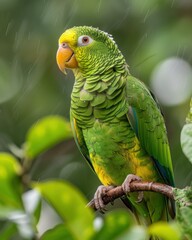 Poster - A colorful parrot is perched on a branch in the rain. AI.