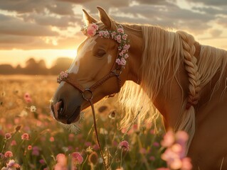 Wall Mural - A beautiful palomino horse wearing a flower crown is standing in a field of flowers. AI.