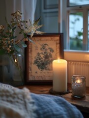 Wall Mural - A candle burns on a table. AI.