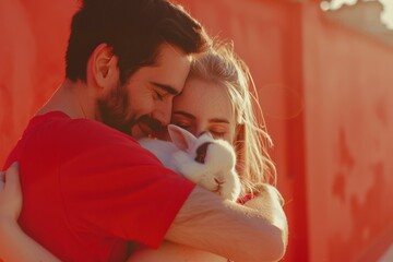 Poster - A young couple is hugging a white bunny. AI.