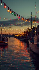 Poster - Blurred lights over a canal at dusk. AI.