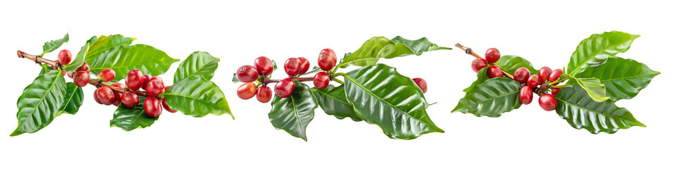 Wall Mural - Set of Ripe coffee beans on a branch with glossy green leaves, isolated on a transparent background