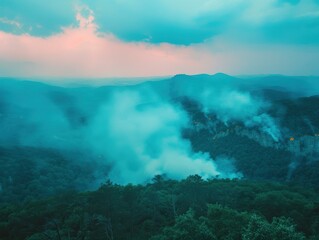 Canvas Print - Smoke from a wildfire fills a valley. AI.