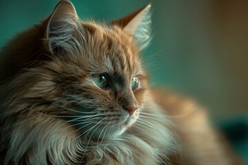 e-commerce photo, one very different cute cat, calm, ambient light, very realistic, mint and green, closeup, generative ai