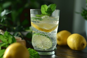 Citrus and mint lemonade soda in glass   refreshing beverage photography for summer