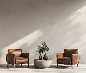 Modern and minimalist interior with two brown armchairs and empty wall