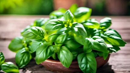 Canvas Print -  Vibrant basil plant in a rustic bowl perfect for culinary or home decor