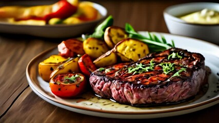 Sticker -  Deliciously prepared steak and roasted vegetables on a rustic wooden table