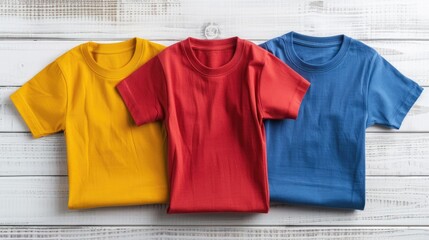 Three colored cotton t shirts mockup on white wooden surface from above showcasing minimalist fashion concept