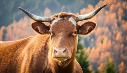 Wall Mural - close up of a brown cow with horns