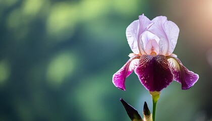 Wall Mural - close up of a flower of bearded iris iris germanica on blurred green natural background iridarius greeting card with spring iris flower panama fling tall white purple iris