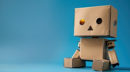 Poster - Handcrafted cardboard robot toy on blue background
