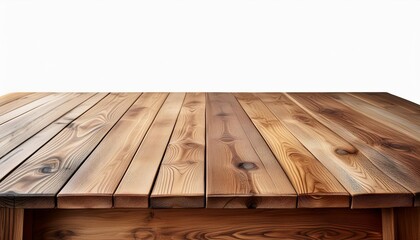 Wall Mural - view a wooden table top from a perspective angle isolated on a white background with a clipping path suitable as a template for displaying products in a copy space image