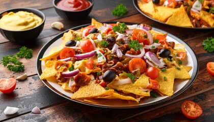 a plate of nachos with a variety of toppings including tomatoes onions