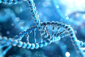 Poster - Close-up of double helix DNA structure, blue background. V plain