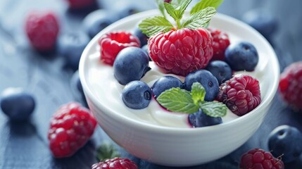 Wall Mural - Healthy breakfast with fresh berries and greek yogurt for a nutritious start