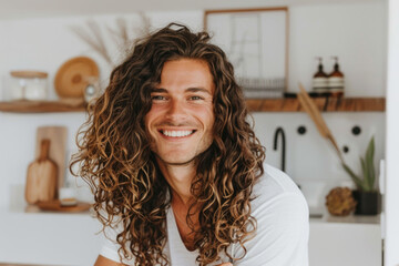 Sticker - Portrait of happy young attractive man with long curly hair at home