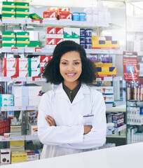 Poster - Pharmacy, healthcare and portrait of black woman with crossed arms for service, medicine and medical care. Professional, pharmaceutical and person in dispensary for medication, supplements and pills