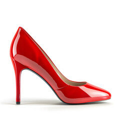 Side view of a single red women's high-heeled pump shoe isolated on a white background