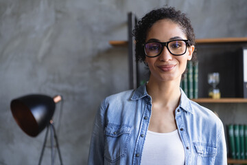 Sticker - Photo of attractive corporate agent girl smile loft interior business center office indoors