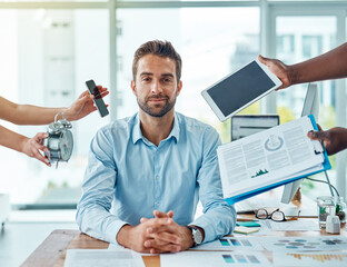 Poster - Hands, portrait and man in office, schedule and smile of accountant, calm and deadline. Time management, corporate or multitasking for agency, busy and goal of investment with finance for project
