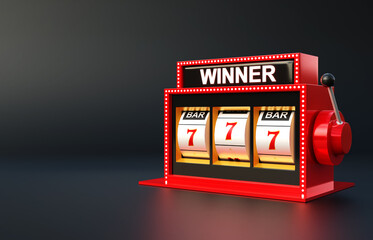 Casino slots machine winner. 777 win banner. Slot machine on black background