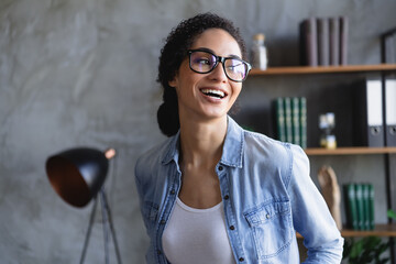 Sticker - Photo of attractive corporate agent girl look away brainstorming loft interior business center office indoors