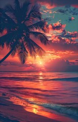 Wall Mural - Tropical beach at sunset. Palm trees and sea waves. Paradise island. Trip, travel and vacation theme 