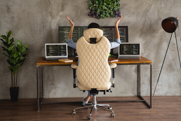 Wall Mural - Photo of adorable cheerful confident girl sitting chair working modern technology workspace indoors