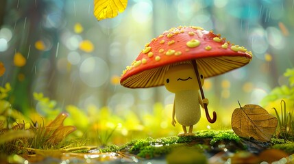 Cute cartoon mushroom character in a lush forest environment. Concept of nature, fungus, whimsical fantasy, woodland creatures