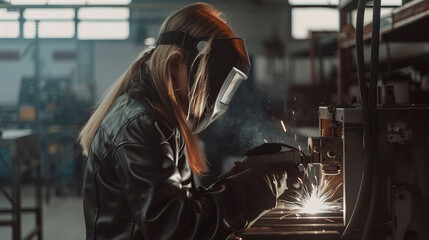 Wall Mural - Skilled female welder in protective gear working with sparks in industrial workshop